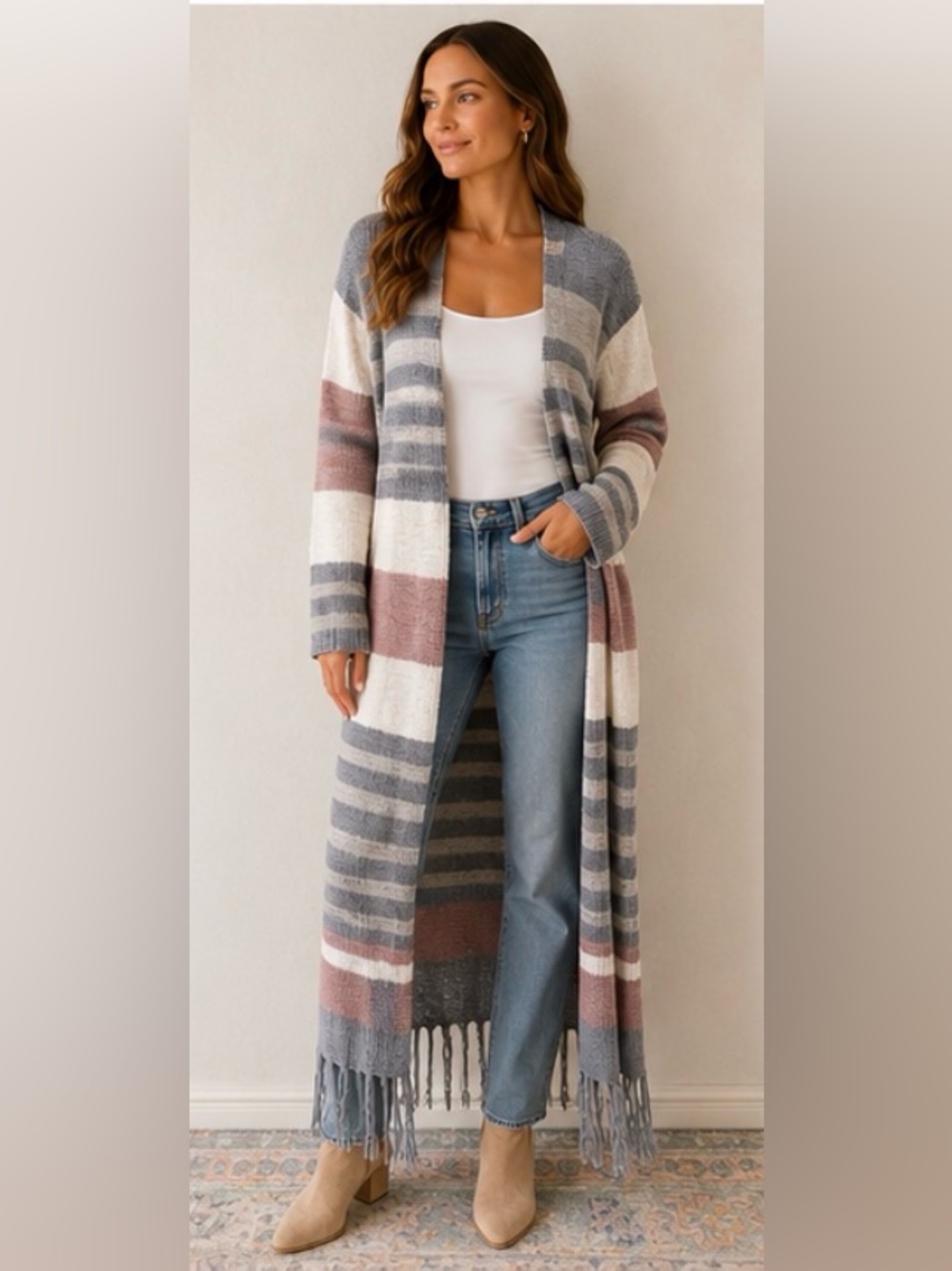 Striped Long Open-Front Duster Cardigan - Gray, White & Mauve